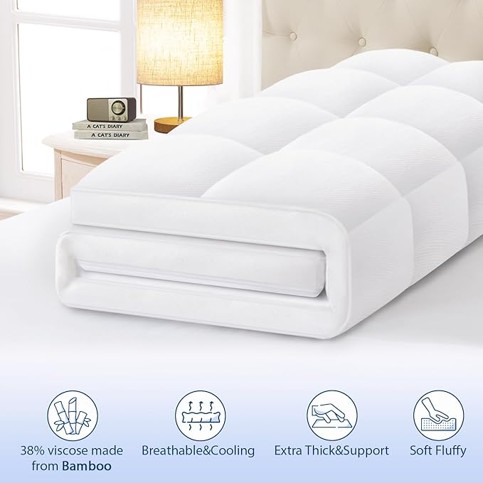 ELEMUSE Twin XL Cooling Bamboo Viscose Mattress Topper for College Dorm, Extra Long Twin Mattress Pad Cover for Back Pain, Soft Pillowtop with Elastic Deep Pocket, Overfilled Down Alternative Filling