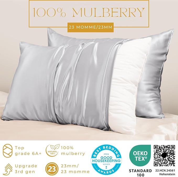 PROMEED 100% Mulberry Silk Pillowcase for Hair and Skin with Zipper, 23 Momme, Both Sides Pure Silk Pillow Case, Grade 6A+ Real Silk Case (Standard 20"x26", Light Grey)