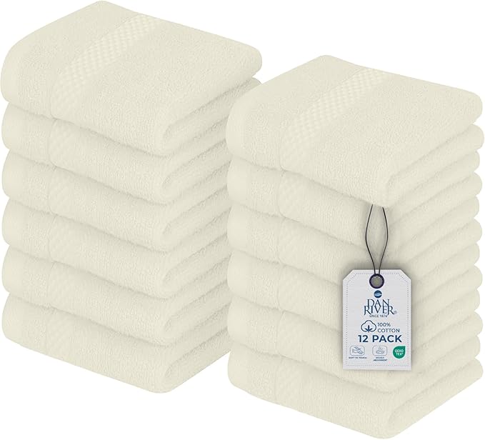 DAN RIVER 12-Pack Premium 100% Cotton Ivory Face Towels – Reusable Face Towel Set, Soft & Absorbent Washcloths for Bathroom & Body – Hand and Face Towels, 550 GSM (12x12 in)