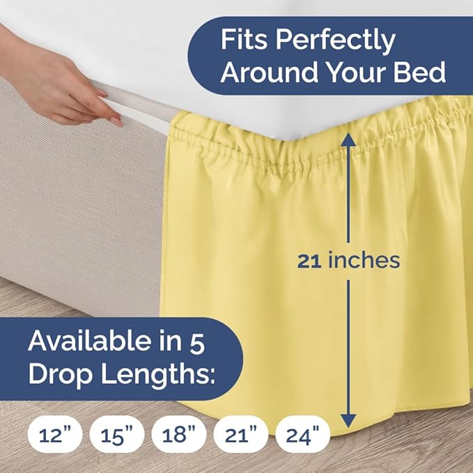 Wrap Around Dust Ruffle Bed Skirt - Yellow - for King Size Beds with 21 Inch Drop - Easy Fit Elastic Strap - Adjustable Pleated Bedskirt w/Brushed Fabric - Wrinkle Free - for Women, Men, Kids & Teens