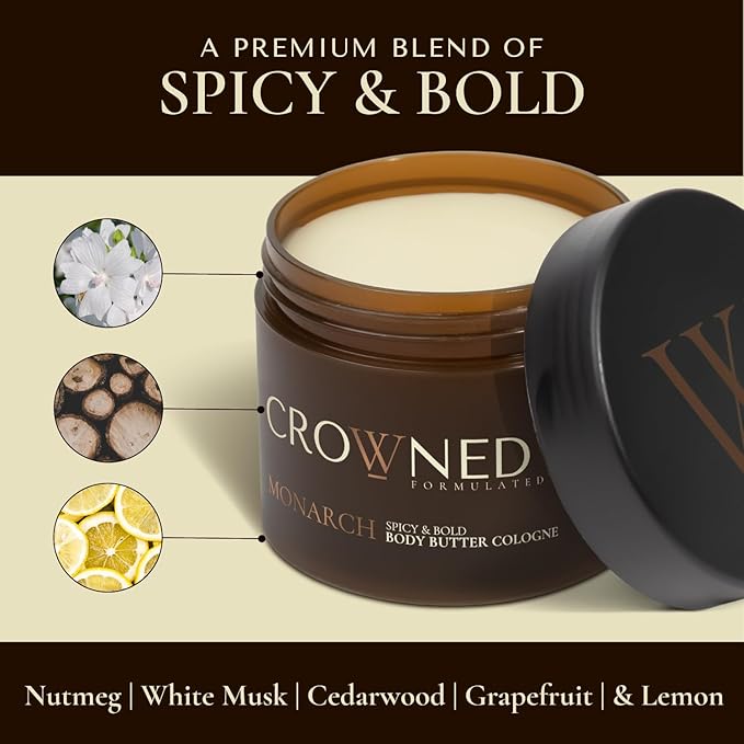 Crowned Skin Monarch Body Butter Cologne and Body Oil Cologne Bundle | Moisturizing Skin Care Set with Spicy and Bold White Musk & Cedarwood Scent | Natural Shea & Mango Butters | All-Day Fragrance