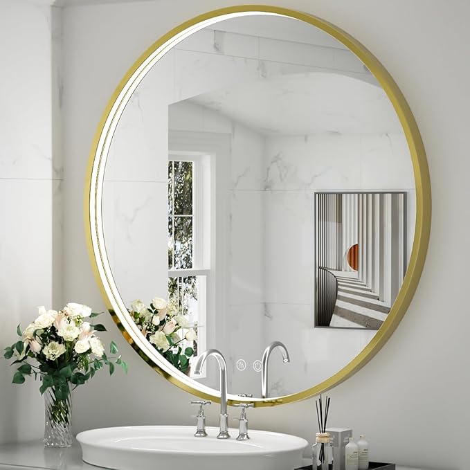 40" Round LED Bathroom Mirror, Dimmable Anti-Fog Vanity Mirror with Touch Control, 6000K Natural Light, Gold Metal Frame, Wall Mounted for Makeup Shaving (IP54, 90+ CRI)