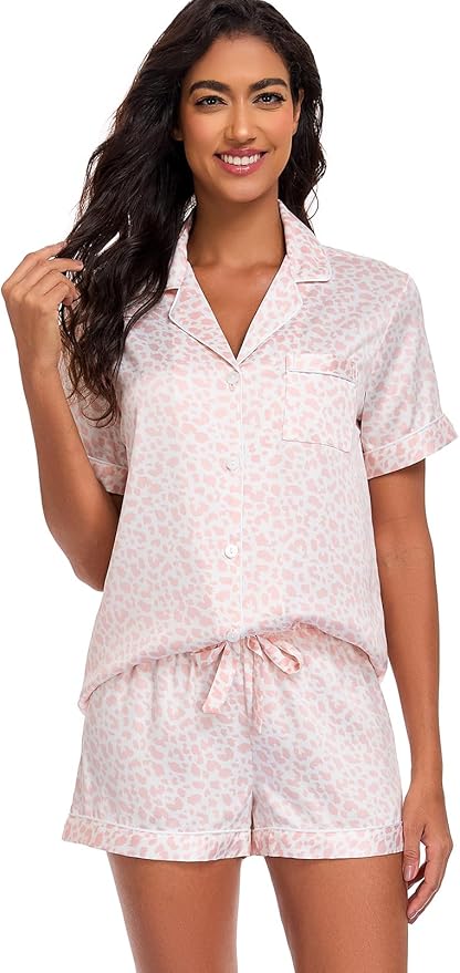 Women's Satin Pajama Set 2-Piece Sleepwear Loungewear Button Down Short Sleeve Silky PJ Set