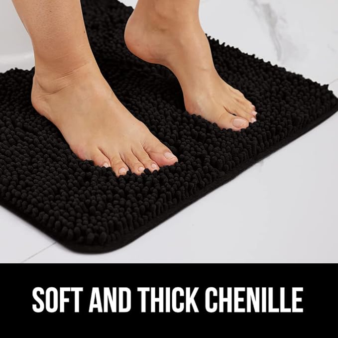 GORILLA GRIP Bath Rug Mat, Thick Soft Absorbent Chenille, Quick Dry Microfiber Mats, Rubber Backing Washable Shower Floor Rugs, Bathmat Runner, US Designed Bathroom Home Decor Accessories 24x17, Black