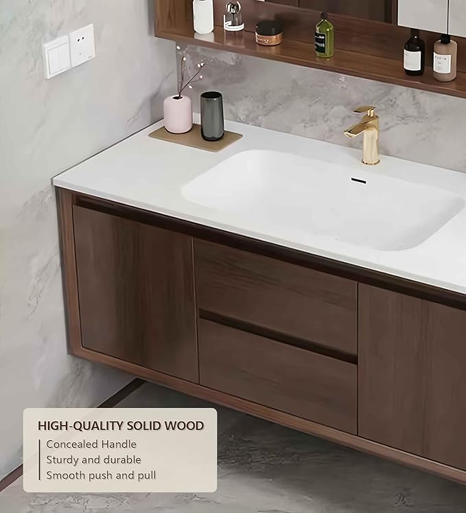 Bathroom Sink Vanity 76Inch, Floating Bathroom Vanity with LED Smart Defogging Mirror Cabinet and Open Shelf, Multi-Layer Solid Wood Bathroom Furniture Cabinet, Wall Mount Installation (Walnut)