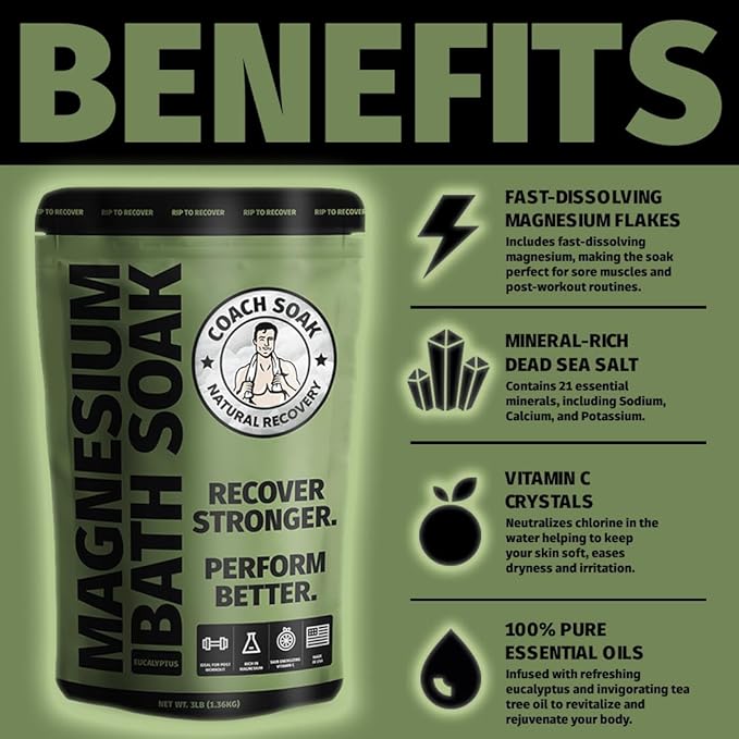 Coach Soak Eucalyptus Recovery Bath Soak & Magnesium Oil Spray with MSM - Fast-Absorbing Bath Salts with Dead Sea Minerals & Essential Oil, Plus 8oz Topical Spray for Muscles & Joints