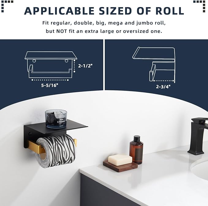 Angle Simple Toilet Paper Holder with Shelf, 304 Stainless Steel Bathroom Tissue Roll Holder for Wall Black and Gold