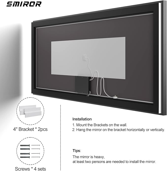 SMIROR Black LED Bathroom Mirror 50x40, Lighted Vanity Mirrors with Lights, Dimmable, Anti-Fog, Memory, Shatterproof (Real Front Lights + Backlit)