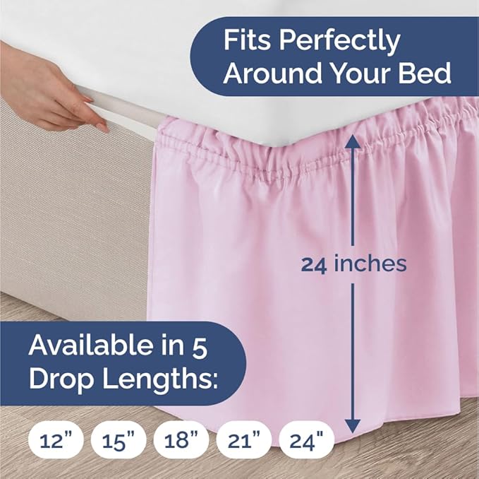 Wrap Around Dust Ruffle Bed Skirt - Light Pink - for Full Size Beds with 24 Inch Drop - Elastic Strap - Adjustable Pleated Bedskirt with Brushed Fabric and Wrinkle Free - for Women, Men, Kids & Teens
