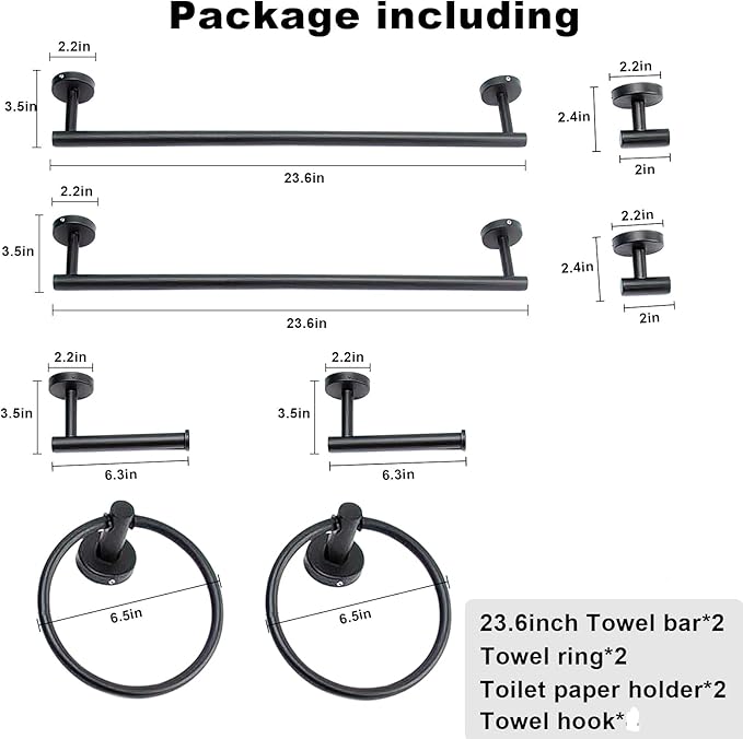 8 Pieces Bathroom Towel Rack Set, Includes 2PCS 23.6 inch Towel bar, 2PCS Towel Hook, 2 PCS Towel Ring, 2PCS Toilet Paper Holder-Matte Black Bathroom Accessories Sets