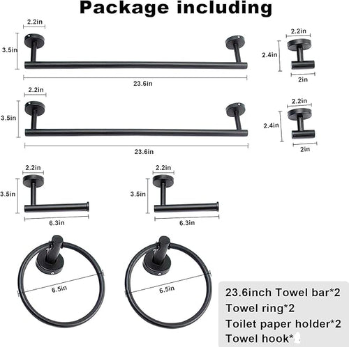 8 Pieces Bathroom Towel Rack Set, Includes 2PCS 23.6 inch Towel bar, 2PCS Towel Hook, 2 PCS Towel Ring, 2PCS Toilet Paper Holder-Matte Black Bathroom Accessories Sets