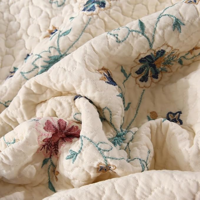 Quilt Set Floral Leaves 3D Embroidery Pattern 3 PCS Cotton Reversible Quilted Embroidered Decorative Bedspreads Coverlet Set, Lightweight &Soft Queen Size Beige Bedding Coverlet for All Season