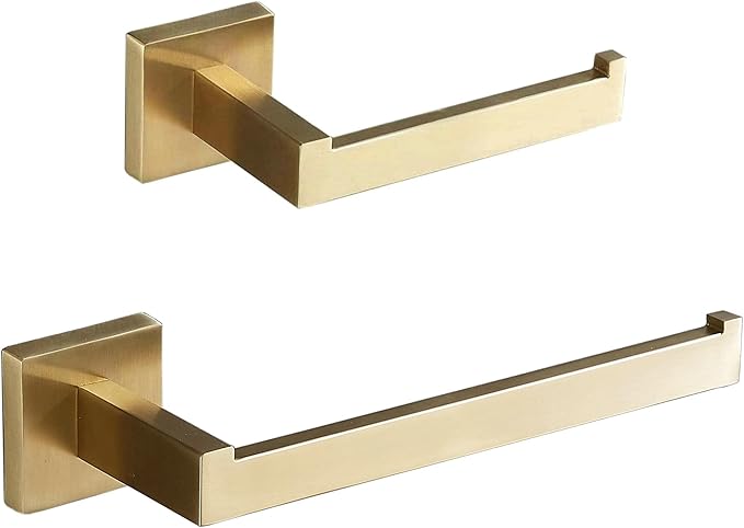 SHUNLI Gold Toilet Paper Holder + Hand Towel Holder, Brushed Gold Bathroom Accessories Hardware Set 2 Pieces, Wall Mounted Towel Ring Towel Bar, SUS304 Stainless Steel
