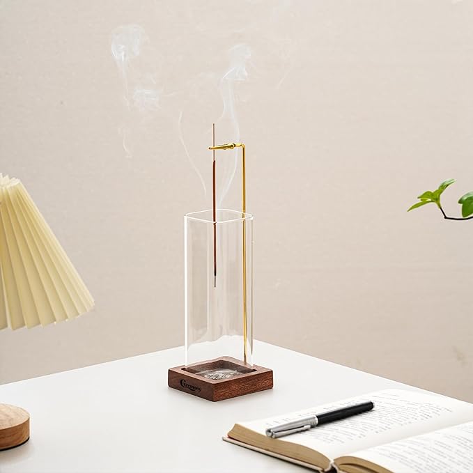 Ceremony Incense Holder，2 Pack Wood Incense Holder for Sticks with Glass Ash Catcher，Incense Burner for Meditation Yoga Spa Room Decor