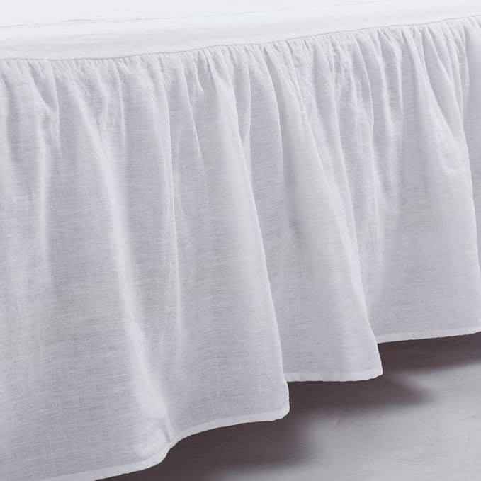 meadow park Washed French Linen Bed Skirt, Dust Ruffle, King Size 78" W x 80" L, Drop 16", Super Soft, Ruffle Style, White Color