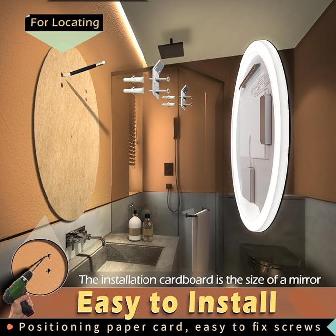 KWW Round Mirror Bathroom LED Lighted Mirror, Illuminated Dimmable Anti-Fog Wall-Mounted Makeup Vanity Mirror with Lights (27.5" L x 27.5" W)