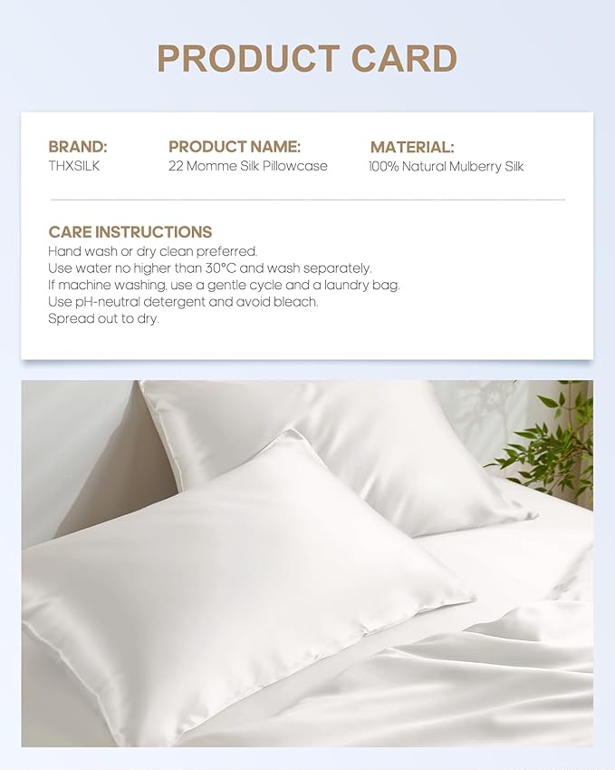 THXSILK Set of 2 100% Silk Pillowcases for Hair and Skin, Both Sides Grade 6A+ 22 Momme Mulberry Silk Pillow Case with Hidden Zipper, Soft & Smooth White Pillowcases(2pcs, Queen Size 20"x30")