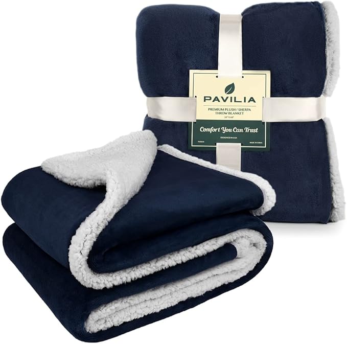 PAVILIA Sherpa Fleece Throw Blanket for Couch, Twin Size, Navy Blue, Plush Soft Fuzzy Sofa Blanket, Cozy Reversible Winter Throw for Women Men, 60x80 Inches