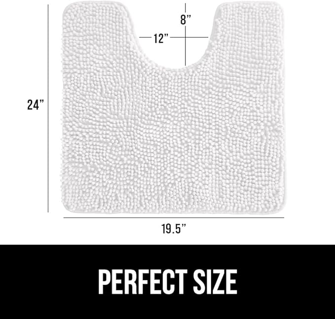 GORILLA GRIP Plush Absorbent Shaggy Chenille Bath Rug Mat for Oval Toilet Base with Rubber Backing, Machine Washable Rugs, Soft Microfiber Contour Mats for Toilets, Bathroom Decor, White