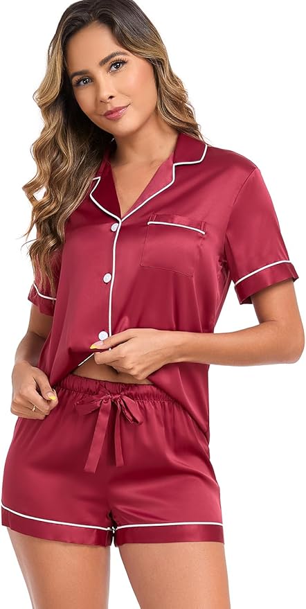 Women's Satin Pajama Set 2-Piece Sleepwear Loungewear Button Down Short Sleeve Silky PJ Set