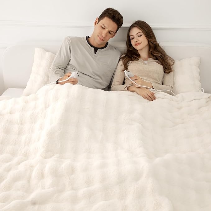Faux Rabbit Fur Bubble Heated Blanket King Size White - Fluffy Thick King Size Electric Blanket with Dual Control, 6 Heating Levels & 10 Timer Settings, ETL Certified, Home Decor (100" x 90")