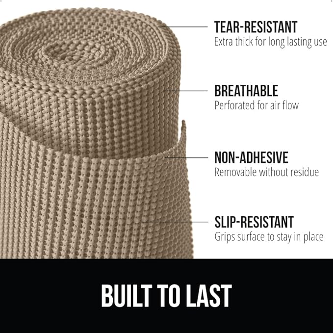 GORILLA GRIP powerGRIP Drawer Shelf and Cabinet Liner, Thick Strong Hold, Non-Adhesive Liners Protect Kitchen Cabinets and Cupboard, Bathroom Drawers, Easy Install, Breathable Mat, 24" x30', Beige