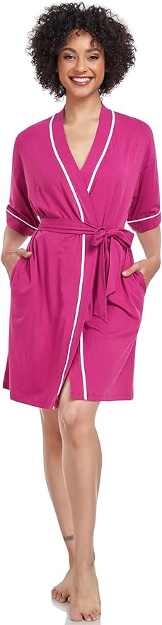 COLORFULLEAF Womens Bamboo Short Robes Lightweight Kimono Cotton Robe Soft Knit Bathrobe Ladies Loungewear with Pockets