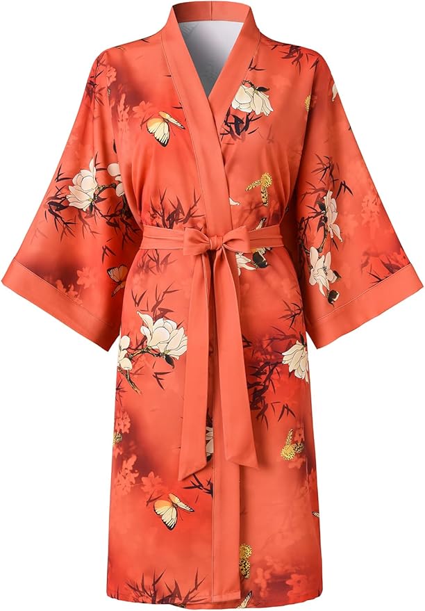 Ledamon Women's Kimono Short Robe for Women - Pocket Floral Bathrobe Nightgown