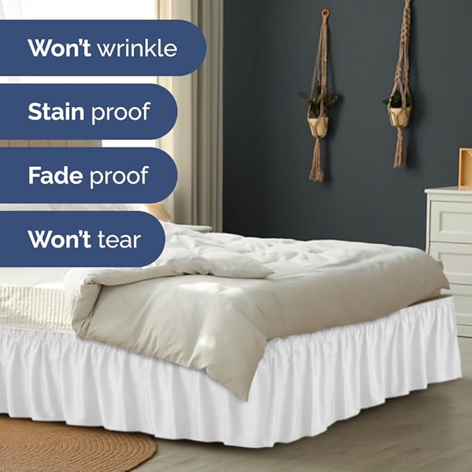 Wrap Around Dust Ruffle Bed Skirt - White - for Full Size Beds with 18 Inch Drop - Easy Fit Elastic Strap - Adjustable Pleated Bedskirt w/Brushed Fabric - Wrinkle Free - for Women, Men, Kids & Teens