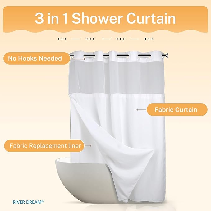 River Dream Heavyweight No Hooks Required Dotted Waffle Weave Shower Curtain with Snap in Liner - 71W x 77H,Hotel Grade,Spa Like Bath Curtain,White