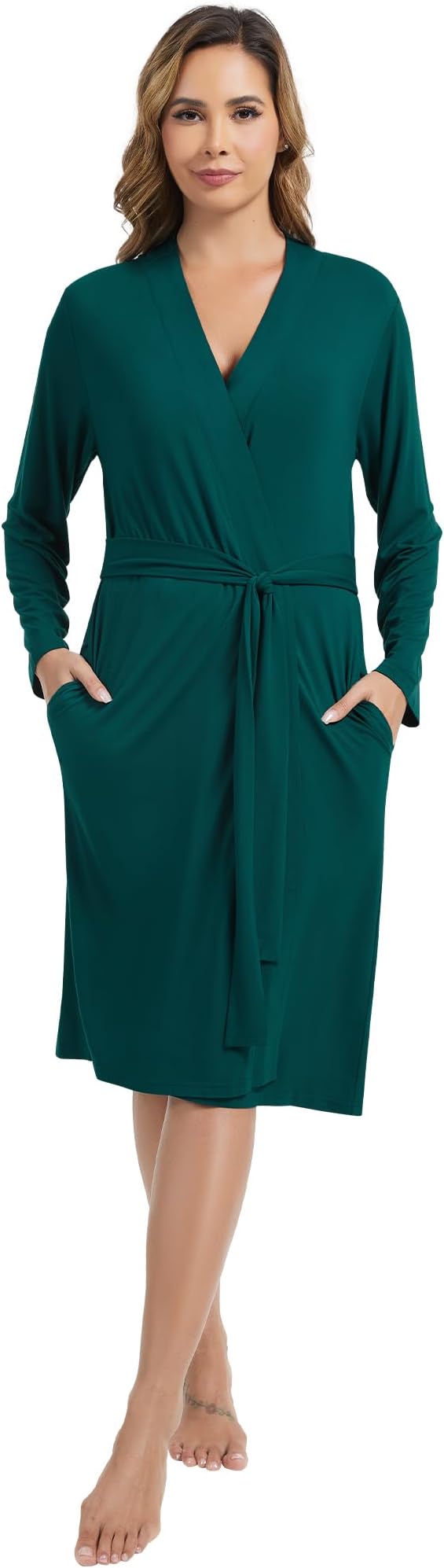 WiWi Women's Robe Long Sleeve Bathrobe with Pockets Soft Kimono Spa Lightweight Robes Bamboo Viscose Loungewear S-XXL