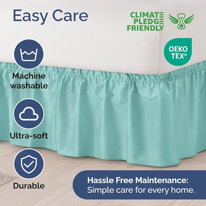 Wrap Around Dust Ruffle Bed Skirt - Spa Blue - Twin/Twin XL Size Beds with 24 Inch Drop - Easy Fit Elastic Strap - Adjustable Pleated Bedskirt w/Brushed Fabric Wrinkle Free - Women, Men, Kids & Teens