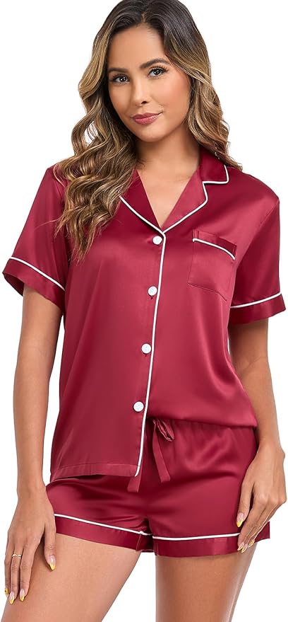 Women's Satin Pajama Set 2-Piece Sleepwear Loungewear Button Down Short Sleeve Silky PJ Set