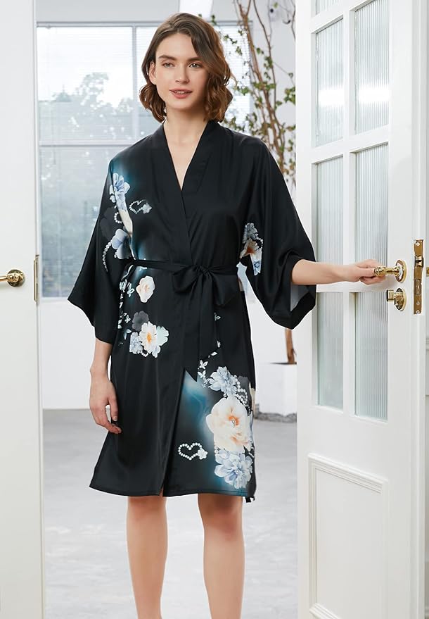 Ledamon Women's Kimono Short Robe - Classic Floral Bathrobe Nightgown