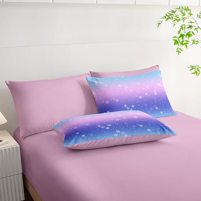 7 Piece Bed in a Bag Queen Size Comforter, Blue Purple Snowflake Quilt Set, Soft Pink Sheets, All Season Bedding Set, Microfiber