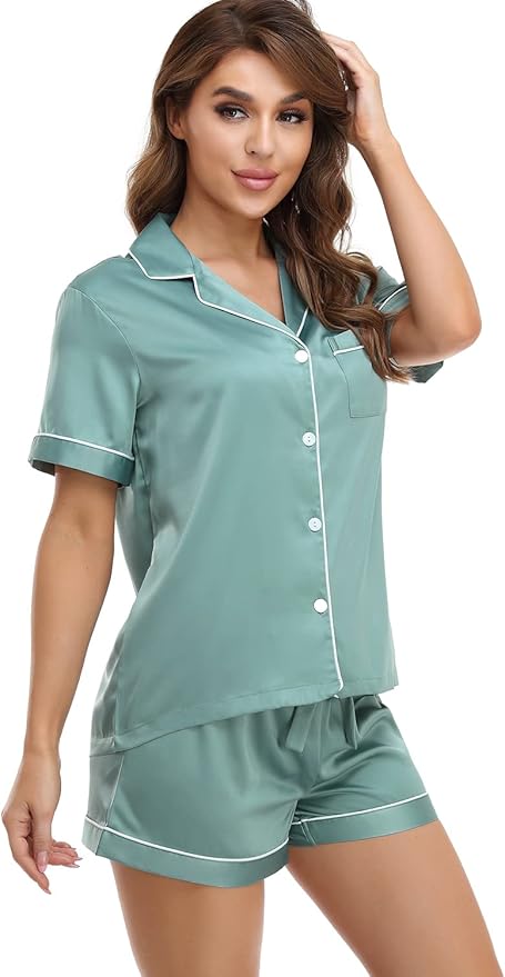 Women's Satin Pajama Set 2-Piece Sleepwear Loungewear Button Down Short Sleeve Silky PJ Set