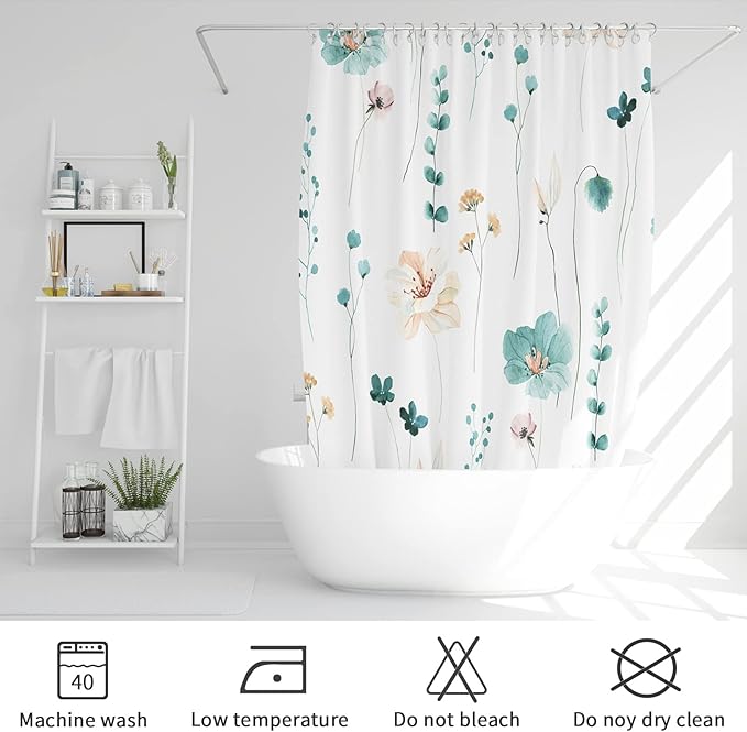 Gibelle Extra Long Shower Curtain 72 x 84, Watercolor Floral Fabric Shower Curtain, Teal Beige Flower Decorative Bathroom Shower Curtain Set with Hooks
