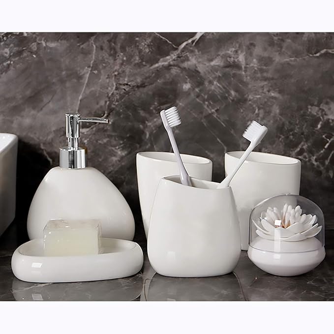White Ceramic Bathroom Accessory Set, Bathroom Vanity Countertop Set, Bathroom Soap Dispenser and Toothbrush Holder Set Complete, 2 Tumbler Cup, Soap Dish, 5 Pieces