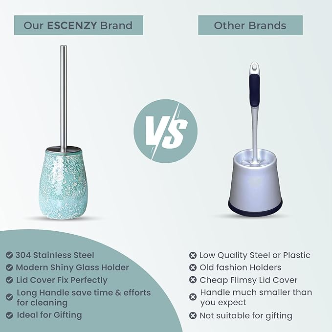 Escenzy Turquoise Green Toilet Brush and Holder Set Mosaic Glass | Non-Rustic Stainless Steel | Practical & Decorative Toilet Bowl Brush and Holder | Luxury Green Bathroom Accessories