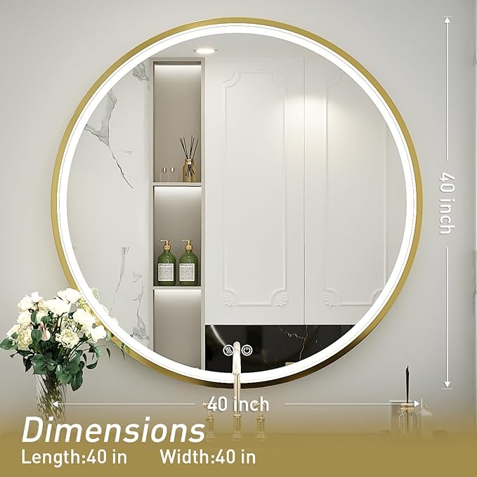 40" Round LED Bathroom Mirror, Dimmable Anti-Fog Vanity Mirror with Touch Control, 6000K Natural Light, Gold Metal Frame, Wall Mounted for Makeup Shaving (IP54, 90+ CRI)