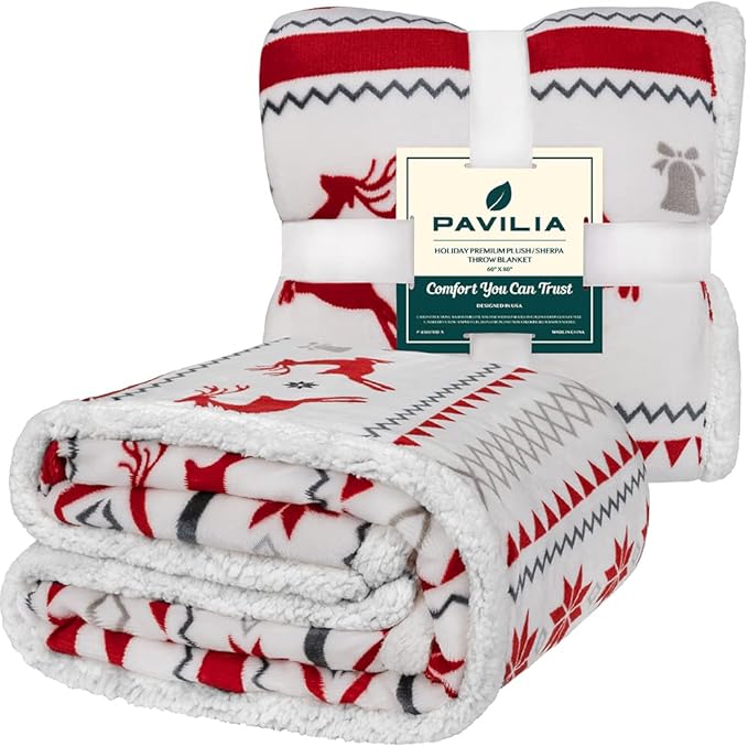 PAVILIA Premium Christmas Sherpa Throw Blanket | Christmas Decoration Gift, Fleece, Plush, Warm, Cozy Reversible Microfiber Holiday Blanket | White Reindeer - 50x60