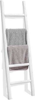FUIN 57in Wood Blanket Ladder Living Room Decorative Wall Leaning Farmhouse Quilt Display Holder Rustic Wooden Towel Rack for Bathroom, White