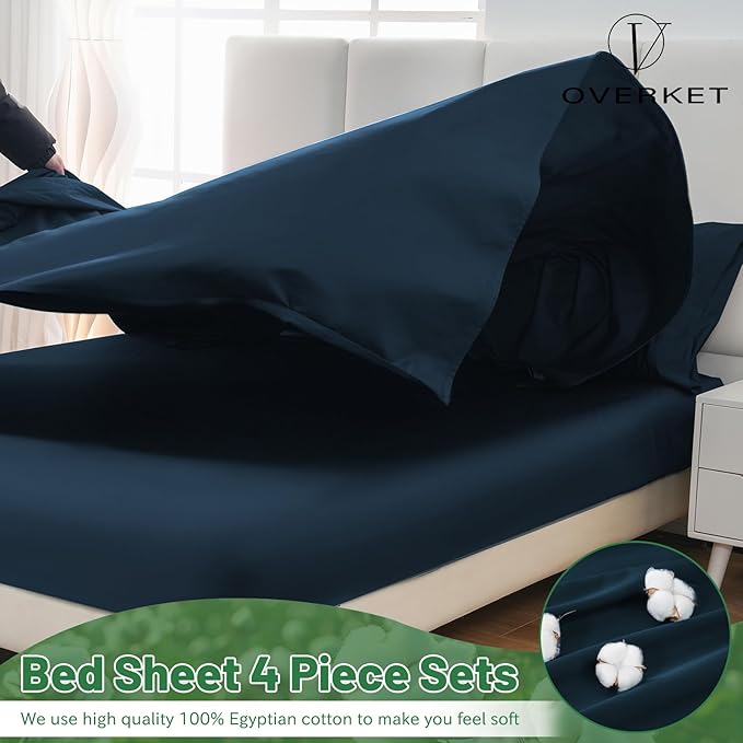 100% Egyptian Cotton Sheets Cal King Sheet Set 1000 Thread Count Sateen Weave Soft Breathable 16-Inch Deep Pocket 4PCS（California King,Navy）