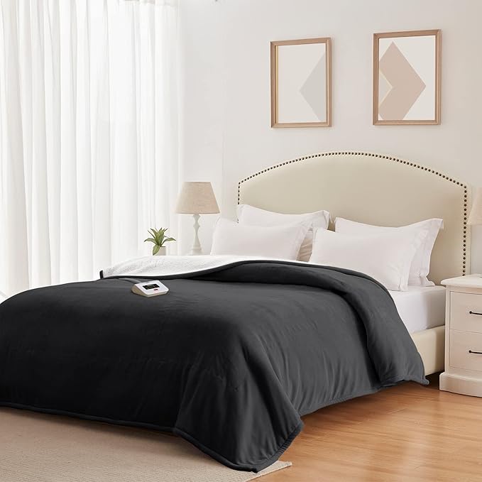 SEALY Heated Electric Blanket Full Size, Flannel & Sherpa Heating Blanket with with 10 Heating Levels & 1-12 Hours Auto Shut Off, Fast Heating Blanket, Machine Washable, Grey, 80 x 84 Inch
