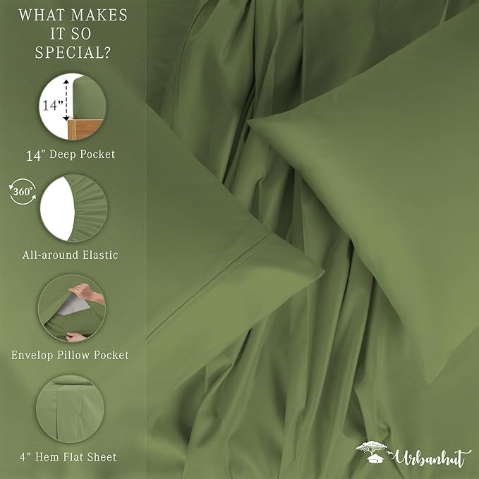 URBANHUT 700 Thread Count Egyptian Cotton Full Sheets, 4Pc Sheet Set Soft Luxury Bed Sheets for Full Size Bed, Sateen Weave Hotel Sheets, 14'' Elasticized Deep Pocket - Sage
