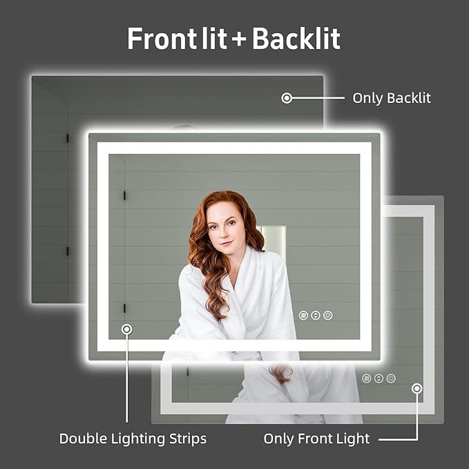 40"x 32" LED Bathroom Mirror with Lights, Double Lights Dimmable, Anti-Fog, Front and Backlit LED Mirror for Bathroom, Lighted Bathroom Vanity Mirror with Tempered Glass (Horizontal/Vertical)