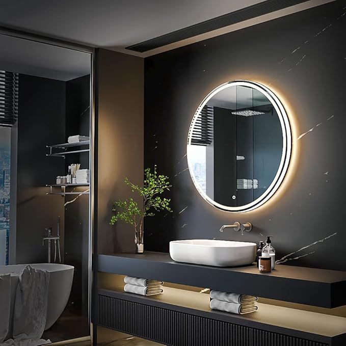 KWW 24 Inch Large Modern LED Round Bathroom Vanity Mirror, Color Temperature Adjustable, Anti-Fog Dimmable Lights, Easy to Install, Wall Mounted Makeup Mirror with Smart Touch Button