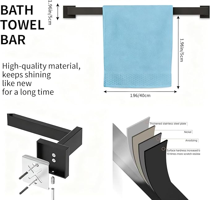 20-Piece Matte Black Bathroom Accessories Set, 16-in Bathroom Towel Rack Set, 304 Stainless Steel Bathroom Hardware Set, Robe Towel Hooks, Toilet Paper Holder Wall Mounted (20 Pcs)