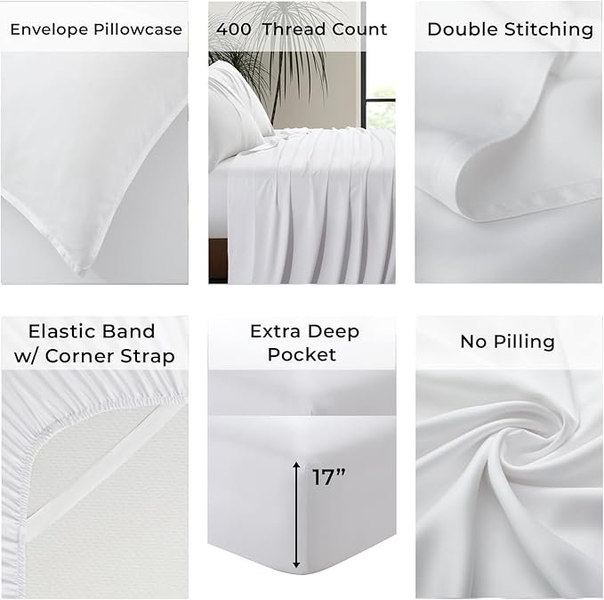 Luxury Bamboo Market | King Size Bed Sheet Set | 100% Viscose Made from Bamboo | Organically Grown | Ultra Soft | Cooling Sheets for Hot Sleepers | 17" Deep Pocket [Classic White]