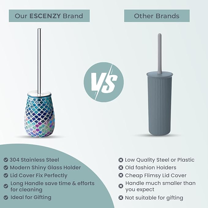 Escenzy Mermaid Bathroom Toilet Brush and Holder Set Mosaic Glass | Non-Rustic Stainless Steel | Practical & Decorative Toilet Bowl Brush and Holder | Luxury Mermaid Bathroom Decor